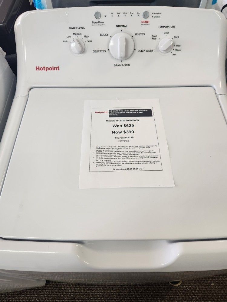 4.0 cu.ft. Top Load Washer in White with Cold Plus and Water Level Control