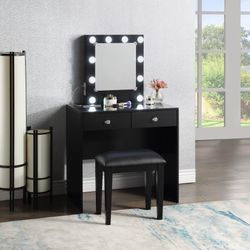 Black Makeup Vanity w/Lights and USB and Stool 