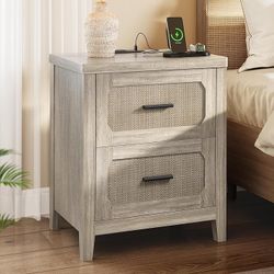 22'' Wide Bedside Table with 2 Storage Drawers & Metal Handle, Boho Night Stand End Side Table for Bedroom, Grey Oak No：10640