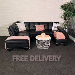 Black Faux Leather Sofa Sectional Couch