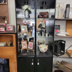 Black Mirrored Lighted Cabinets w/ Glass Shelves