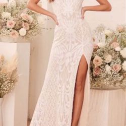 Lulus Destined for Romance Beige and White Sequin Maxi Dress USED dress- SIZE SMALL