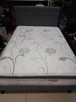 Full size bed frame gray fabric with 12" pillowtop innerspring mattress