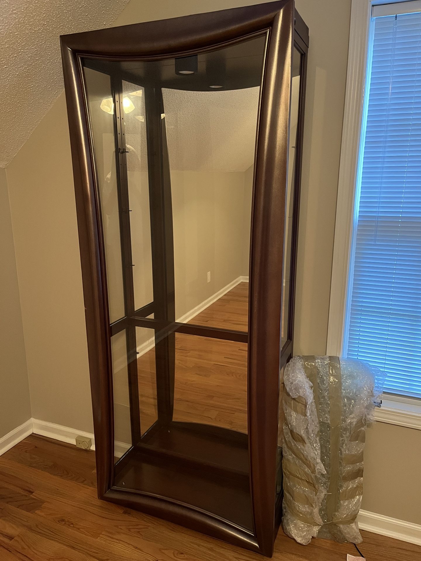 Mirrored Curio Display Cabinet with Glass Shelves and Built-In Light