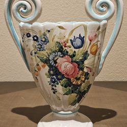 Vintage Italy Vanro Pottery Floral Design Vase With Double Handles M-334