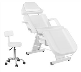 Facial Chair Tattoo Chair for Client Adjustable 3-Section Multipurpose with Hydraulic Stool for Esthetician Beauty Spa Tattoo Eyelash Equipment White