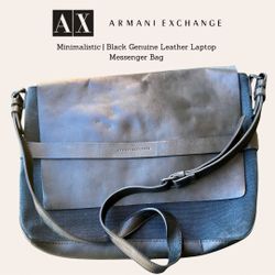 Armani Exchange | Minimalistic | Black Genuine Leather Laptop Messenger Bag 