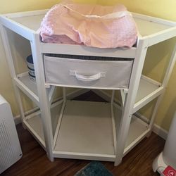 Badger Basket Corner Diaper Changing Table with Laundry Hamper, Storage Bin, and Contoured Pad for Baby - White 