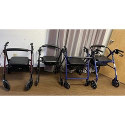 (4) Rollator Walker with handbrakes, a built-in seat, smooth swivel wheels, storage. $39 each