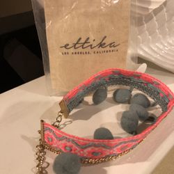 Ettika Pink and Gray Embroidered Woven Boho Pom Pom Choker Necklace 