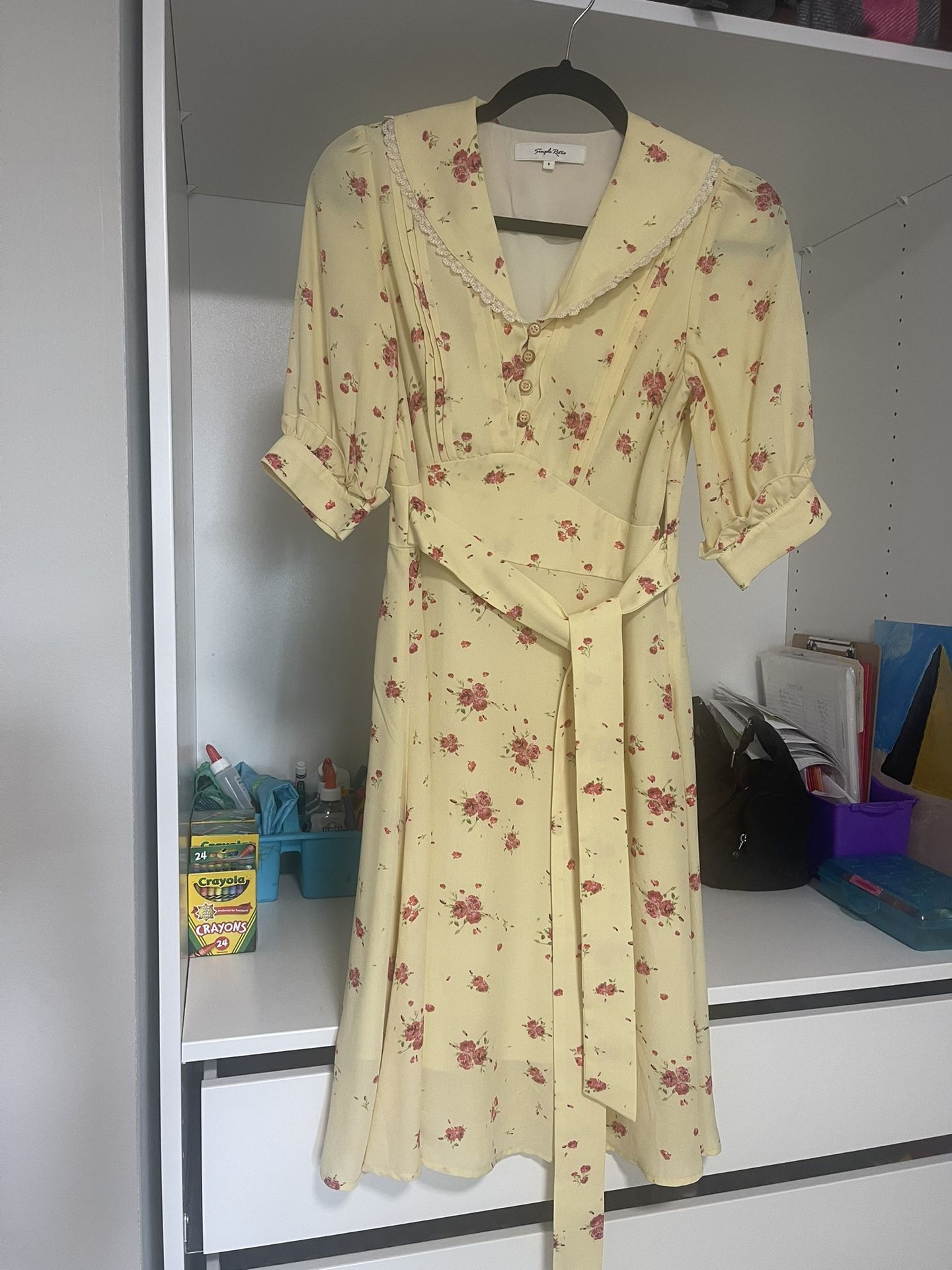 Simple Retro Vintage Yellow Floral Dress XS