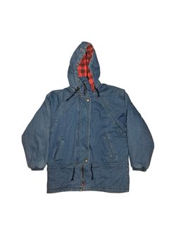 Vintage London Towne Denim Hooded Jacket Plaid Lined Large 90s Workwear