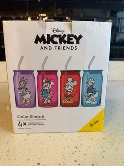 Mickey glass tumblers with covers and straws