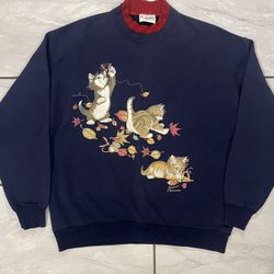 Vintage 90s Morning Sun Sweatshirt Womens Size Large Kittens Cat Navy