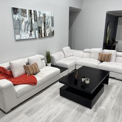 Off-White Sofa and Chaise Set with Black Side Accents - Excellent Condition