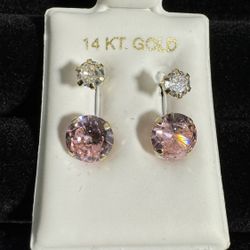 14 K Yellow Gold Pink Stone Girl Stud Earrings 