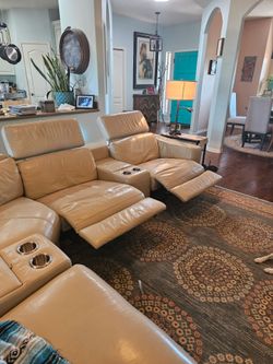 Beige leather sectional couch w/ 3 electric recliners