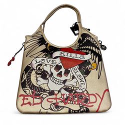 New Ed Hardy Tote Bag Metallic Gold Skull Tattoo Print Lined Snap Closure
