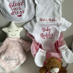 Personalized Baby Onesie Hat Mittens Security Blanket Bear Bib Gift Set Custom Made With Names