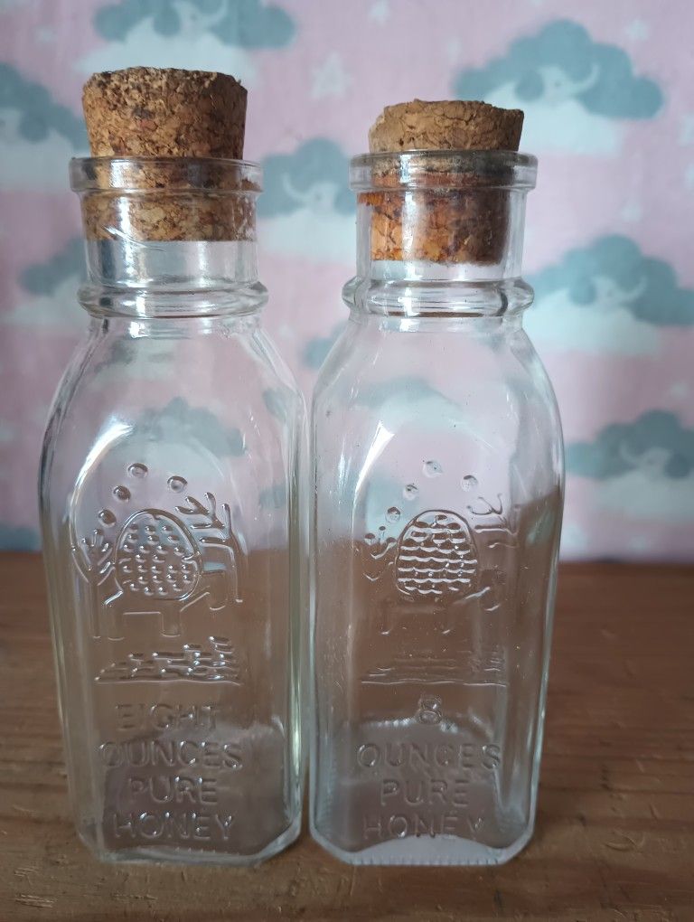 Vintage 2 Glass  Embossed Honey Jars