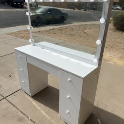 White Vanity Makeup Counter with Mirror and LED Lights (LxWxH: 46.5” x 15.5” x 56”)