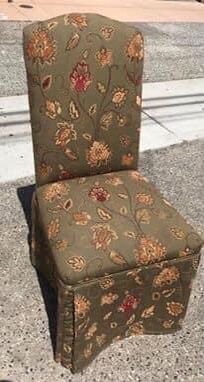 Set of 2 upholstered chairs. Olive green with floral design.