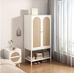 White Wardrobe with Arched Rattan Doors