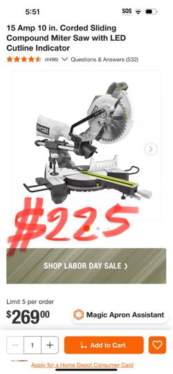 Carson 10PM 5 90745 Shop RYOBI 15 Amp 10 in. Corded Sliding Compound Miter Saw with LED Cutline Indicator