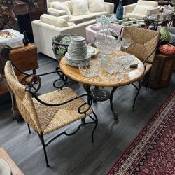 Cast Iron And Wood Table With Two Chairs