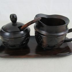 Vintage Asian Hand Carved Wooden Creamer & Sugar Tray Set
