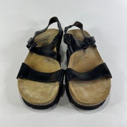 Naot Sandals Women's 41 Pamela Strappy Wedge Heels Black Madras Leather Open Toe