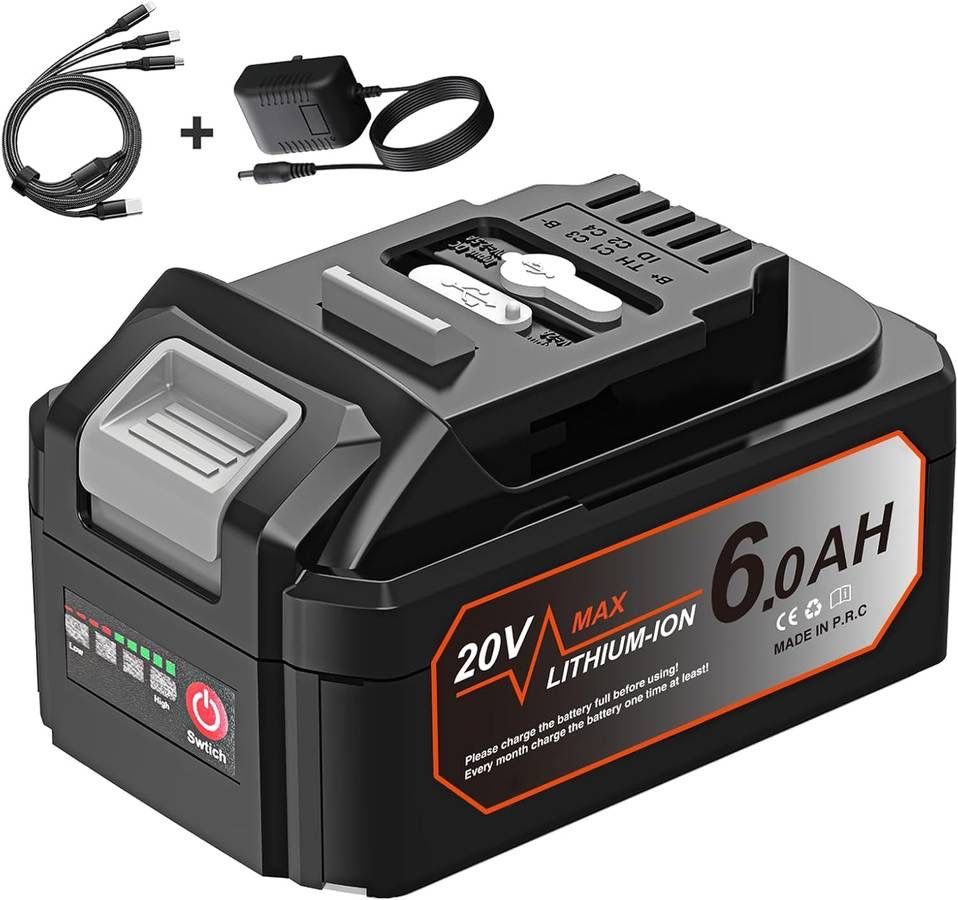 new 6.0Ah 20V Max Battery Replacement for DeWalt 20V Max Battery with USB C Multi Charging Cable & DC Power Adapter, Compatible with DCB205 DCB204 DCB