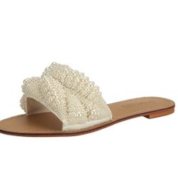 SheSole Womens Dressy Flat Sandals with Pearls Slip on Summer Beach Wedding Bridal Shoes
