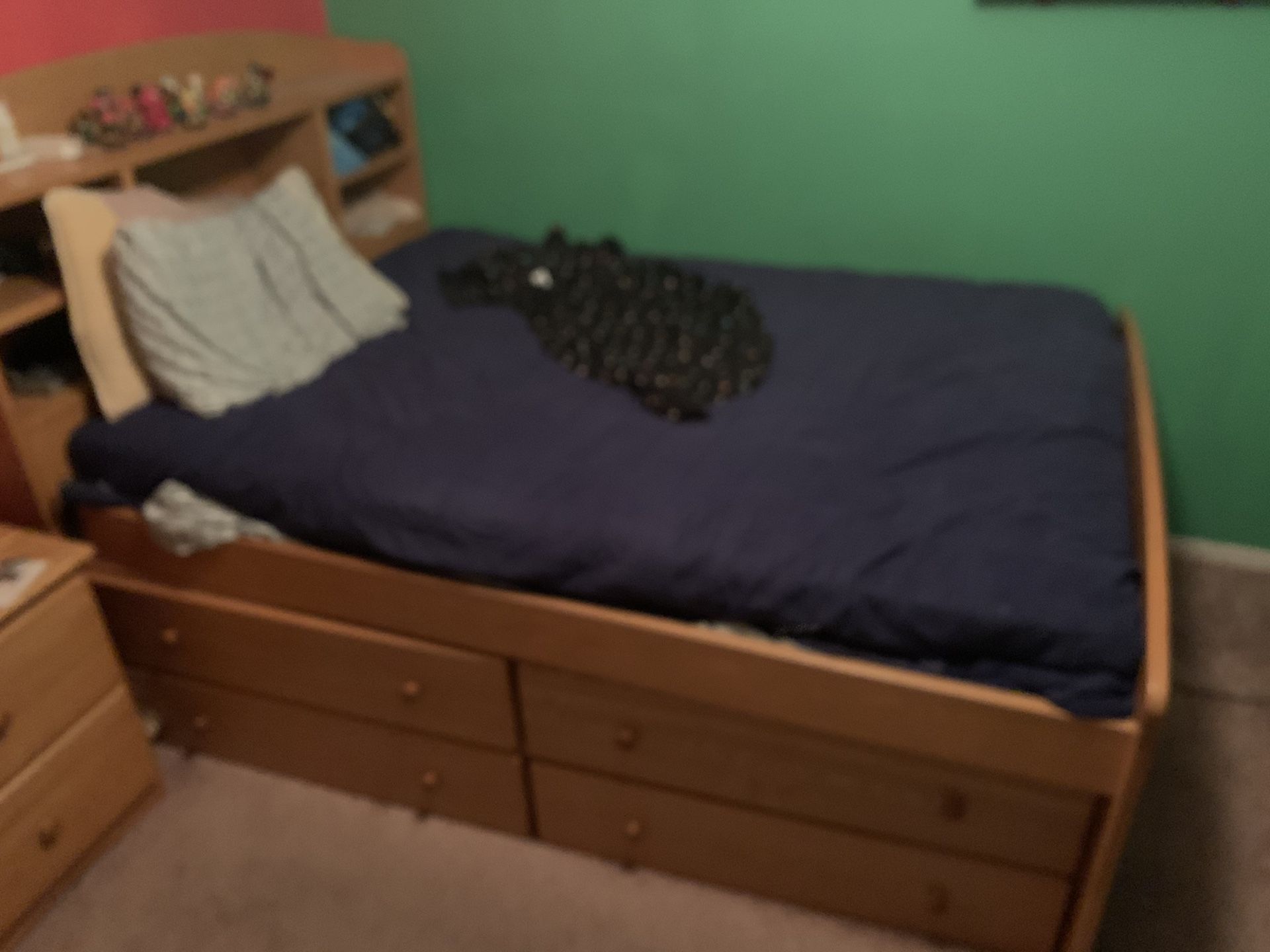 Queen size bed for sale, with drawers in frame, door in front for storage under bed. Mattress and box included.