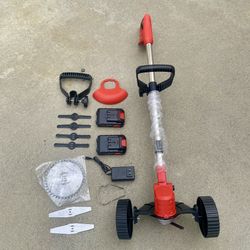 Wheeled Grass Lawn Trimmer with 2 Battery Operated & Charger, Lightweight Weed Trimmer/Lawn Edger/Mini-Mower Weeder Tool for Lawn Yard Garden