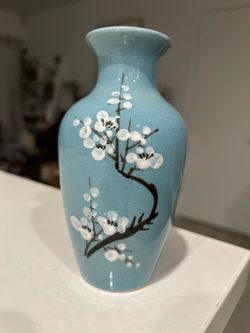Vintage Blue Ceramic Vase with White Blossom Flowers