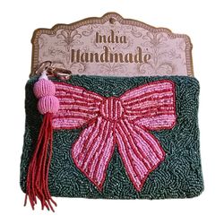 Pink & Green Bow Themed Beaded Clutch Handmade In Inida