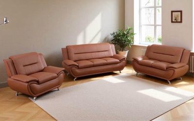 Modern style brown leather three piece couch set