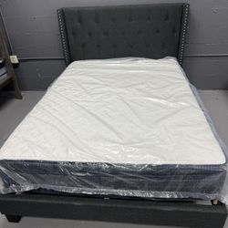 Full Platform Bed Frame Gray Linen With Mattress