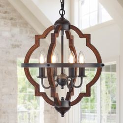 4-Light Wood Chandelier Light Fixture, Vintage 16.5" Caged Candle Style Black Chandelier for Dining Room, Rustic Wooden Chandelier for Kitchen, Living