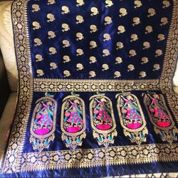 Navy blue and Gold Banarasi silk dupatta (scarf)  with a detailed border and figural motifs, typically used for Indian weddings ,traditional outfit
