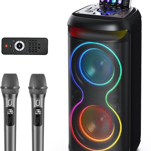 Karaoke Machine with 2 Wireless Microphones for Adults, Big Bluetooth Party Speaker with LED Disco Light, Support TWS/USB/AUX/TF Card Input, Perfect f