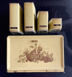 Vintage 60’s Metal Bread Box and Canister Set Lot Yellow Gold Fruit Mid Century Modern MCM Mod