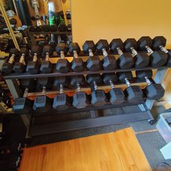 Brand New 5lb Thru 50lb Rubber Hex Dumbbell Set With Body Solid Rack