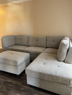 Grey Boucle Sectional Couch & Ottoman Delivery Available 🚚