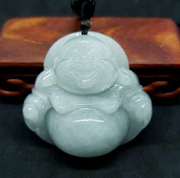 Burmese icy type A jadeite jade pendant lucky happy Buddha. Certified