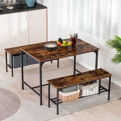 Homy Casa Lomaner 3PC Kitchen Dining Set 43” Table with 2 Benches and Storage Shelf in Vintage Brown
