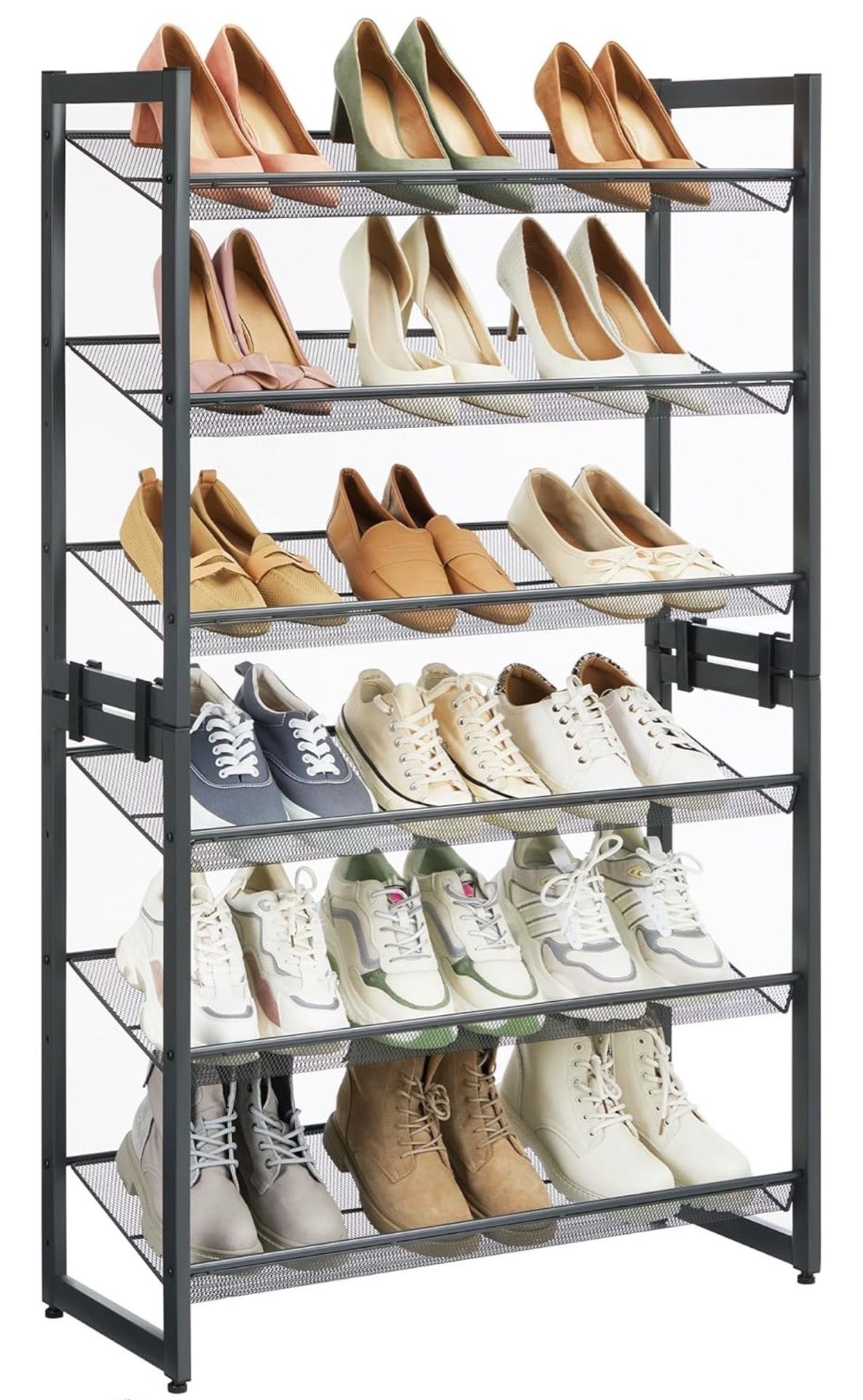 Shoe Rack, 6-Tier Shoe Organizer, Metal Rack for Garage, Set of 2, 3-Tier Stackable Shelf, with Adjustable Flat or Angled Shelves, 18-24 Pairs, Charco