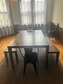 West Elm Table and Benches - Anderson Extendable Dining Table in Dark Wood