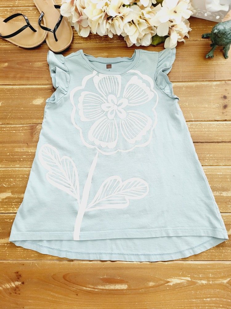 SIZE 7 GIRLS GRAYISH SKY BLUE HIGH LOW FLORAL KNIT LONG TUNIC